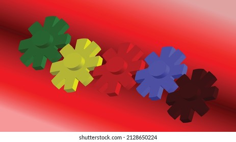 Vector 3D background. Interlocking gears. Basic colors blue, red, yellow, green and brown. The background around the objects is in gradient red.