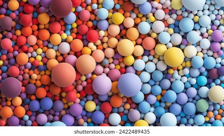 Fondo vectorial 3d con muchas esferas coloreadas grandes y pequeñas aleatorias. Bolas mullidas y coloridas mate en tonos claros de verano y diferentes tamaños. Piso plano con muchas orbas o burbujas de diferentes colores