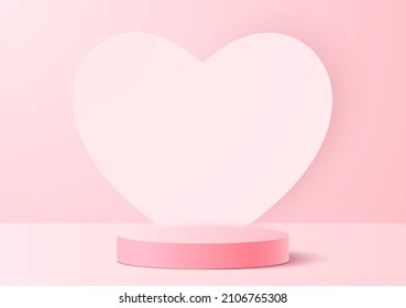 Vector 3D background with a podium on a pink background and hearts for lovers on Valentine's Day.