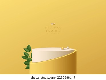 Vector 3D background with realistic white and yellow cylinder pedestal podium, Green leaf decoration. Abstract minimal wall studio scene. Mockup product display. geometric platforms. Stage showcase.