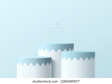 Vector 3D background scene with set of realistic white and soft blue cylinder pedestal podium. Abstract minimal wall studio scene. Pastel mockup product display. Geometric platforms. Stage showcase.