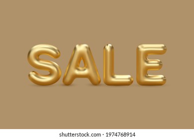 Vector 3d balloon sale sign. Glossy golden colored on beige background. Promo design for seasonal discount.
