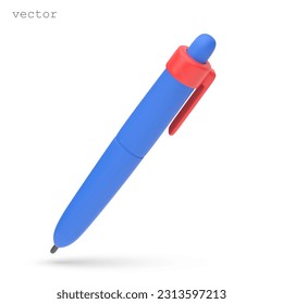 Vector 3D Ballpoint Pen icon. Cute cartoon 3d pen. Realistic 3d blue ballpoint mechanical pen. Vector illustration isolated on white background. 3D Illustration