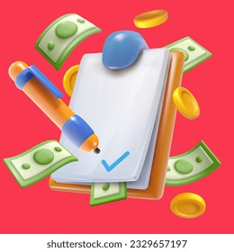 Vector 3d banking paper document with flying money and coins. Bright financial concept design in minimal style. Vivid render illustration.