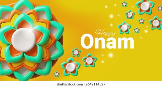 Vector 3D banner with carpet flower on a yellow background. Indian festival Onam in Kerala. Happy harvest celebration. Advertising poster. Cartoon style. Space for text.