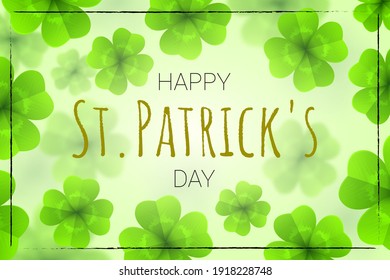 Vector 3d Banner with Green Four-Leaf Lucky Clovers. Text Happy St. Patricks Day. Floral Background.