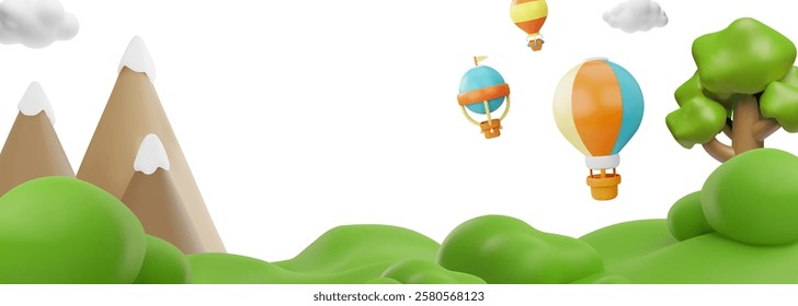 Vector 3D banner illustration with green forest, mountains and hot air balloons flying in the clouds. Tourism, adventure and travel theme. Cartoon style. Isolated white background.