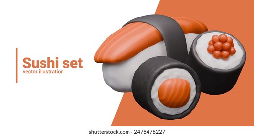 Vector 3D banner with sushi set. Rolls and nigiri with fish and caviar