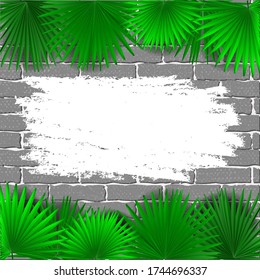 Vector 3d banner with white template brush on gray brick wall background. Old gray brick wall and white cement texture. Green tropical leaves.  for DIY or background with stains for text, invitation