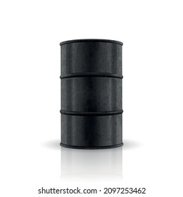 Vector 3d Barrel of Oil. Black Steel Simple Glossy Metal Enamel Barrel. Fuel, Gasoline, Oil Barrel Icon Isolated. Design Template for Mockup. Front View