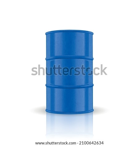 Vector 3d Barrel of Oil. Blue Steel Simple Glossy Metal Enamel Barrel. Fuel, Gasoline, Oil Barrel Icon Isolated. Design Template for Mockup. Front View