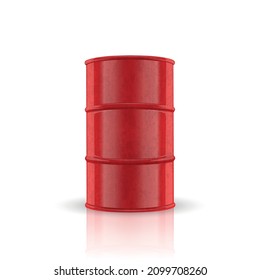 Vector 3d Barrel of Oil. Red Steel Simple Glossy Metal Enamel Barrel. Fuel, Gasoline, Oil Barrel Icon Isolated. Design Template for Mockup. Front View