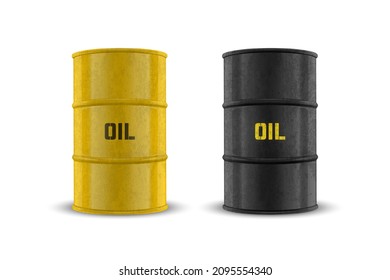 Vector 3d Barrels. Yellow and Black Steel Simple Glossy Metal Enamel Barrel with Oil Set. Fuel, Gasoline Barrel Icon Set Isolated. Design Template of Packaging for Mockup. Front View