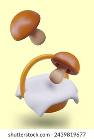 Vector 3D basket and mushrooms. Composition of floating objects