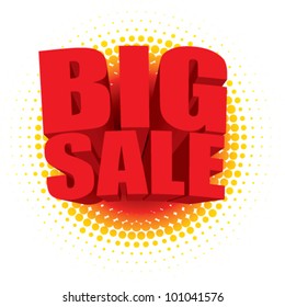 Vector 3D big sale text bursting out of a radial halftone pattern