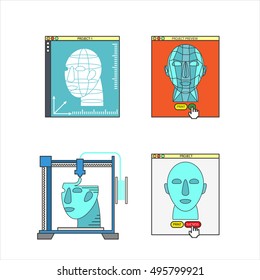 Vector 3D bio-printers with human head. Medical technology symbols. Concept of future biological engineering. Flat design illustration isolated on white