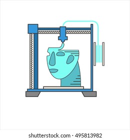 Bioimpresoras vectoriales 3D con cabeza humana. Símbolos de tecnología médica. Concepto de futura ingeniería biológica. Ilustración de diseño plana aislada en blanco
