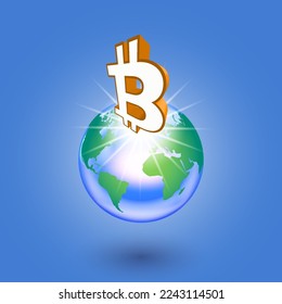 Vector 3d bitcoin symbol on planet earth. Volumetric BTC, bright rays and shadow.
