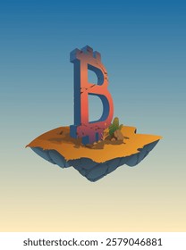 Vector 3d bitcoin symbol on floating island
