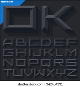 Vector 3D black beveled alphabet  in  techno style with shadow. Simple colored version.