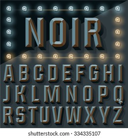 Vektor 3D-Schwarzkondensat mit abgeschrägtem Alphabet mit Schatten. Gotische Version mit Lampe.
