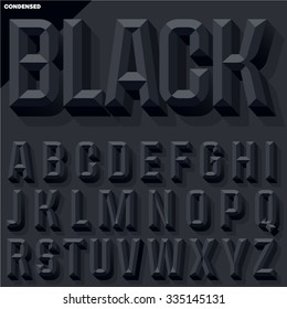 Vector 3D Black Condense Beveled Alphabet With Shadow. Simple Colored Version.