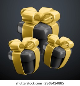 Vector 3d Black Friday gifts concept. Cute luxury black present boxes with gold ribbon, bow on black background. Realistic 3d render surprise for Black Friday advert, sale promo design.