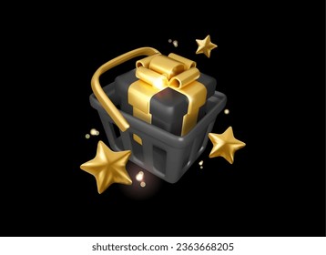 Vector 3d Black Friday illustration. Shopping cart with gift box in black and gold colors, golden stars and confetti