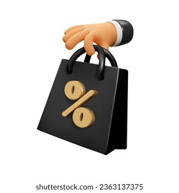 Vector 3d Black Friday sale, hand holding shopping bag icon. Discount concept, render illustration isolated on white background. Online shopping design element