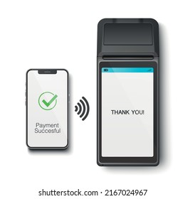 Vector 3d Black NFC Payment Machine, Smartphone. Payment Succesful Status, Approved Transaction. POS Terminal, Machine and Phone. Design Template of Bank Payment Wireless Contactless Terminal, Mockup