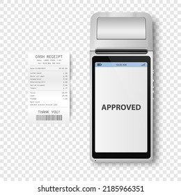 Vector 3d Black NFC Payment Machine with Approved Status and Paper Check, Receipt. Wi-fi, Wireless Payment. POS Terminal, Machine Design Template of Bank Payment Contactless Terminal, Mockup. Top VIew