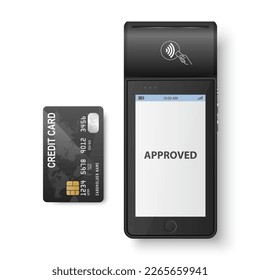 Vector 3d Black NFC Payment Machine, Approved Status and Credit Card Isolated. Wi-fi, Wireless Payment. POS Terminal, Machine Design Template of Bank Payment Contactless Terminal, Mockup. Top VIew