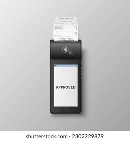 Vector 3d Black NFC Payment Machine with Approved Status and Paper Receipt, Bill. Wi-fi, Wireless Payment. POS Terminal, Machine Design Template of Bank Payment Contactless Terminal, Mockup. Top View