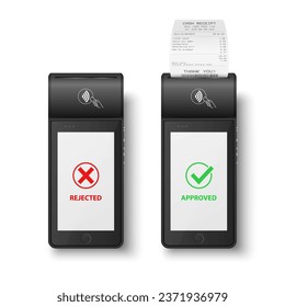 Vector 3d Black NFC Payment Machine with Rejected and Approved Status, Paper Cash Receipt, Bill. Payment POS Terminal, Machine Design Template of Bank Payment Contactless Terminal, Mockup. Top View