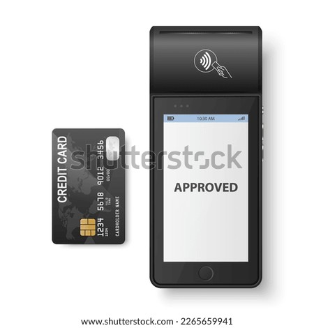 Vector 3d Black NFC Payment Machine, Approved Status and Credit Card Isolated. Wi-fi, Wireless Payment. POS Terminal, Machine Design Template of Bank Payment Contactless Terminal, Mockup. Top VIew