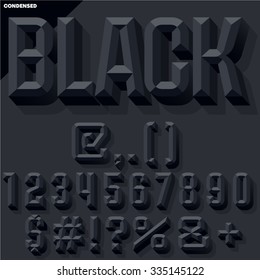 Vector 3D black  set of condense beveled numbers and symbols with shadow. Simple colored version.