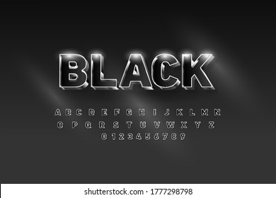 Vector 3D black silver font. Metal additional letters of the alphabet, numbers, and symbols