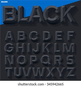 Vector 3D black simple bold beveled alphabet with shadow. Simple colored version.