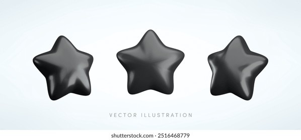 Vector 3d black star icons set. Cute realistic cartoon 3d render, glossy dark metallic star front and side projection, for customer rating concept, decor, web, game design, app, advert.