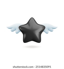 Vector 3d black star with wings icon. Cute realistic cartoon flying star 3d render on white background, glossy dark star Illustration for customer rating concept, decoration, web, game design, app