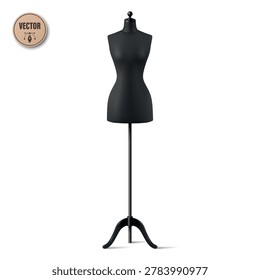 Vector 3d Black Tailor Mannequin. Dress Form on Stand Isolated. Realistic Sewing Dummy for Fashion Design, Atelier, Boutique and Clothing Display