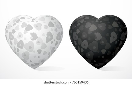 Vector 3d black,white hearts with pop art pattern with hearts isolated on white background.Card for Valentine day party,wedding,merry christmas,easter icon.Heart of the devil,heart of an angel 
