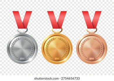 Vector 3d Blank Gold, Silver, Bronze Medal Icon Set. Award Medals for Sport. Medal Icon, Isolated. Medal Badges. Winner First Second Third Place Trophy Design Template for Championship