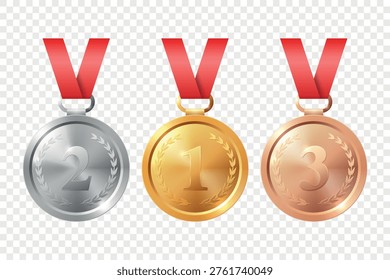 Vector 3d Blank Gold, Silver, Bronze Medal Icon Set. Award Medals for Sport. Medal Icon, Isolated. Medal Badges. Winner First Second Third Place Trophy Design Template for Championship
