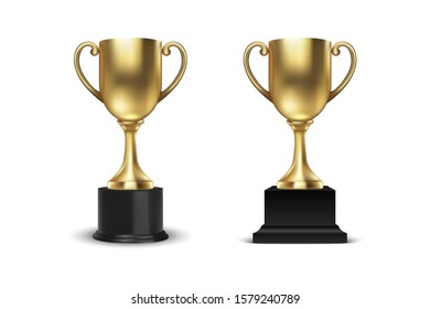 Vector 3d Blank Golden Champion Winner Cup Icon Set Closeup Closeup Isolated on White Background. Design Template of Championship Trophy. Sport Tournament Award, Winner Cup and Victory Concept