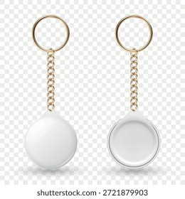 Vector 3d Blank Keychain Tag Set. Round Key Ring with Chain. Empty Keychain Pendant Mockup. White Keychain Label. Keychain, Keyring, Tag, Mockup
