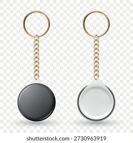 Vector 3d Blank Keychain Tag Set. Round Key Ring with Chain. Empty Keychain Pendant Mockup. Black Keychain Label. Keychain, Keyring, Tag, Mockup