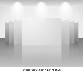 Vector 3d blank template of exhibition gallery stand walls with reflection on light background. Image contains transparent lights and shadows. 10 EPS