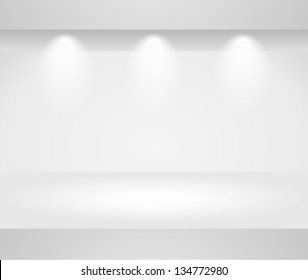 Vector 3d blank template of exhibition gallery stand wall with reflection on light background. Image contains transparent lights and shadows. 10 EPS