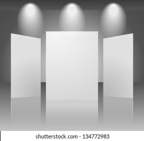 Vector 3d blank template of exhibition gallery stand wall with reflection on dark background. Image contains transparent lights and shadows. 10 EPS